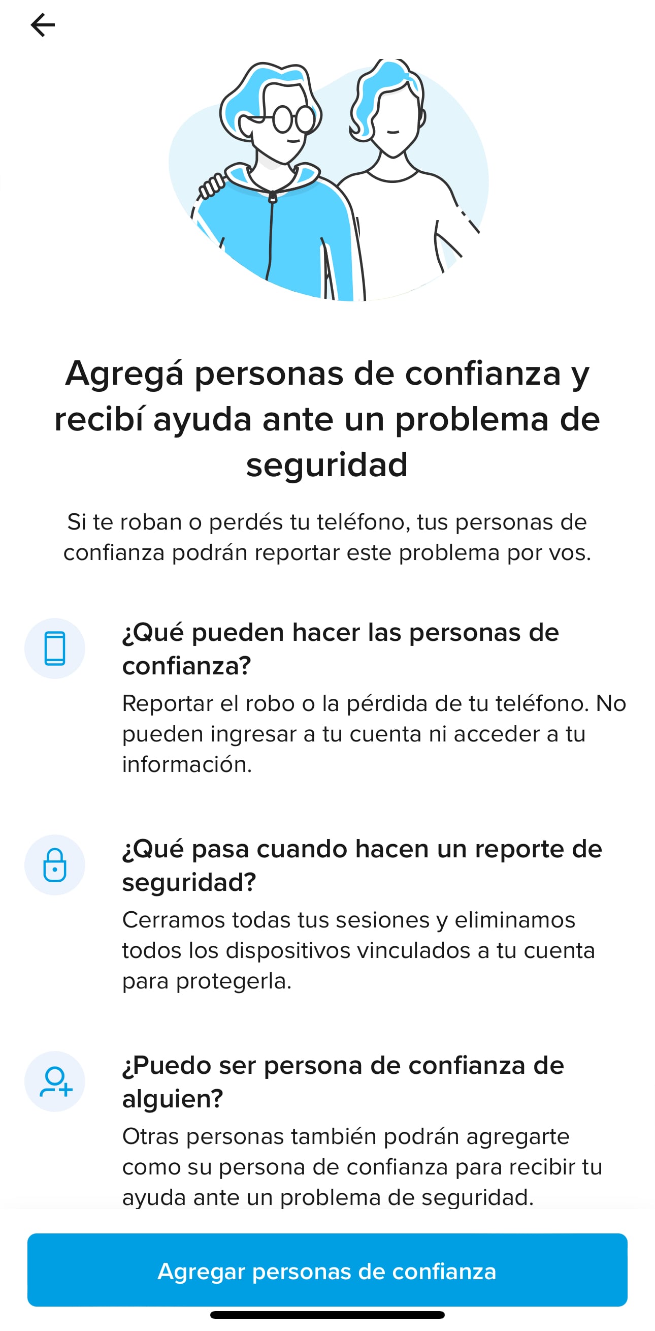 Para agregar a una persona de confianza, se debe acceder a la opción "Seguridad".