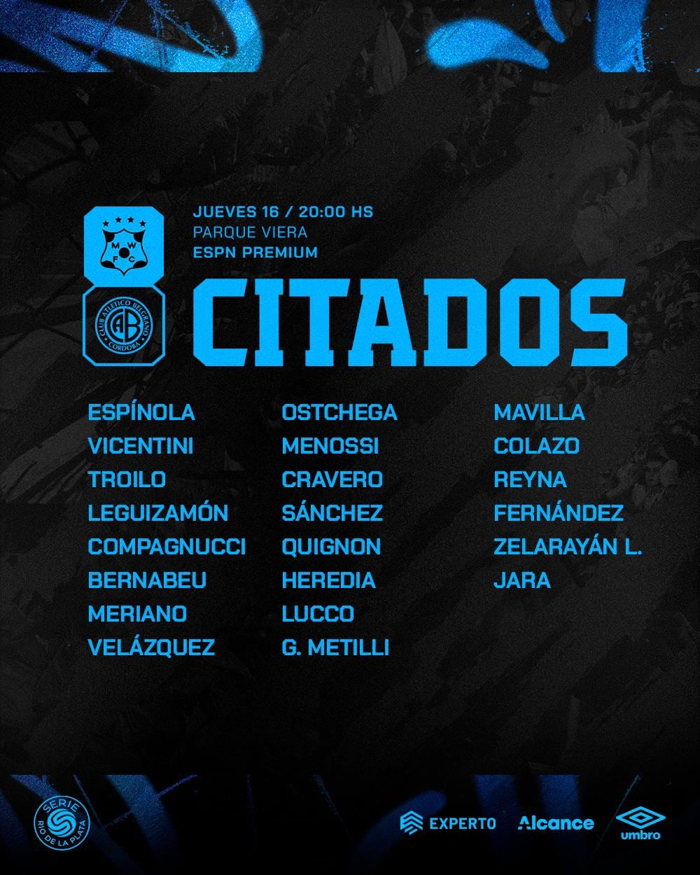 Los convocados de Belgrano para el duelo con Montevideo Wanderers.