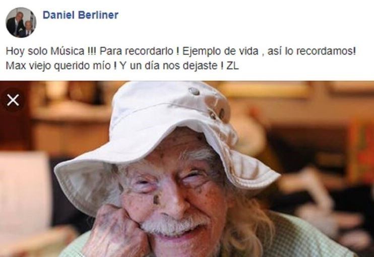 La publicación de Daniel Berliner mediante la cual dio a conocer la muerte de Max, su padre y reconocido actor del cine argentino. Facebook/Daniel Berliner