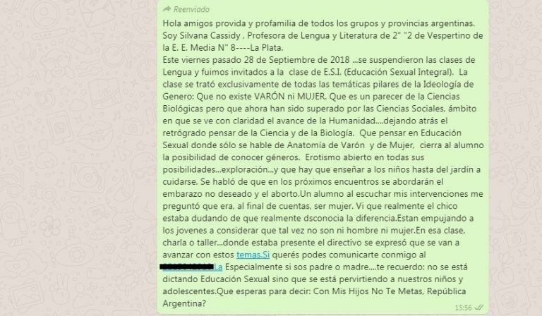 Mensaje difundido por la docente de La Plata.