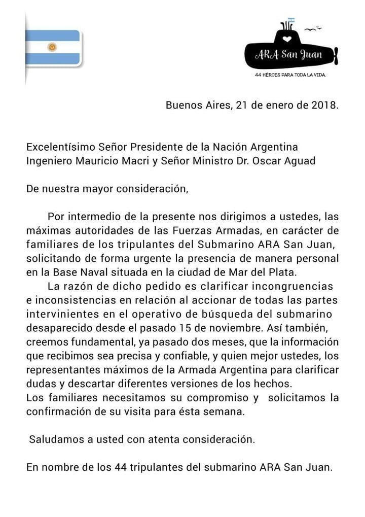 El mensaje de los familiares del submarino a Macri