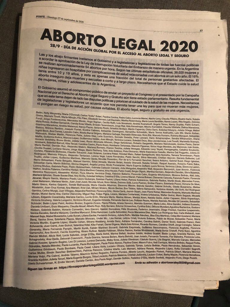 La solicitada publicada por una "urgente" ley de aborto legal (Foto: Twitter)