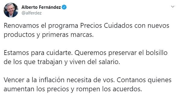 Tuit de Alberto Fernández. (Twitter: @alferdez)