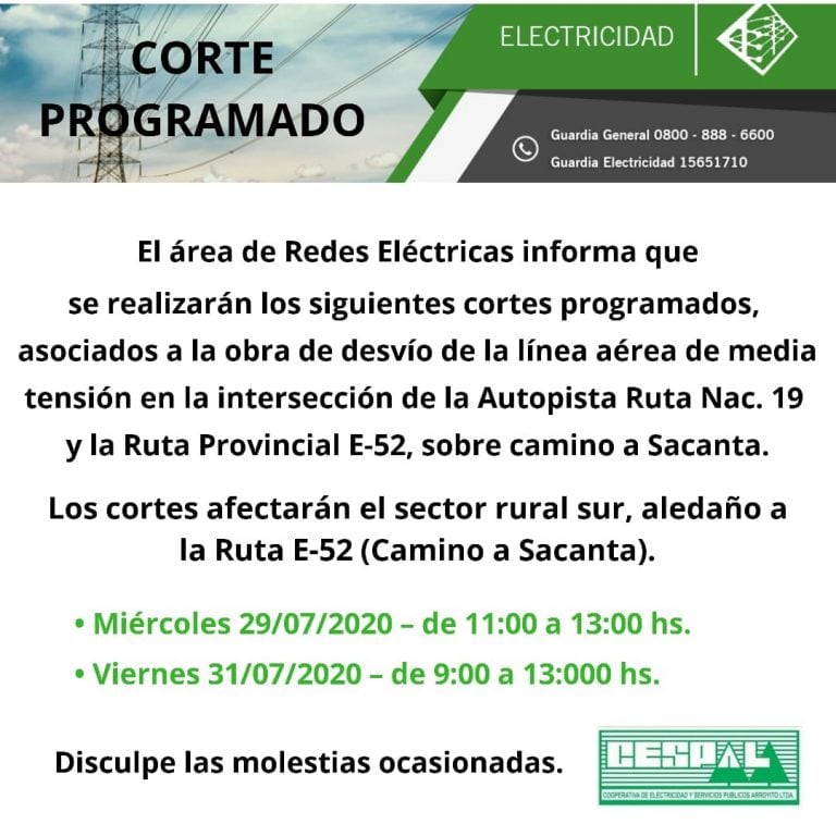 Corte de energía sector sur camino a Sacanta por Cespal