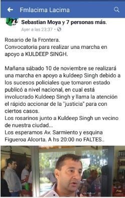 Llamado a marchar en apoyo a Singh. (Web)