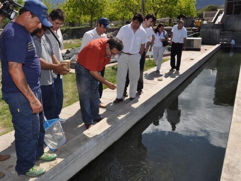 El ex gobernador Beder Herrera durante una visita al emprendimiento "Esturiones y Caviar SA" que se desarrolla en la planta de piscicultura de Anillaco.