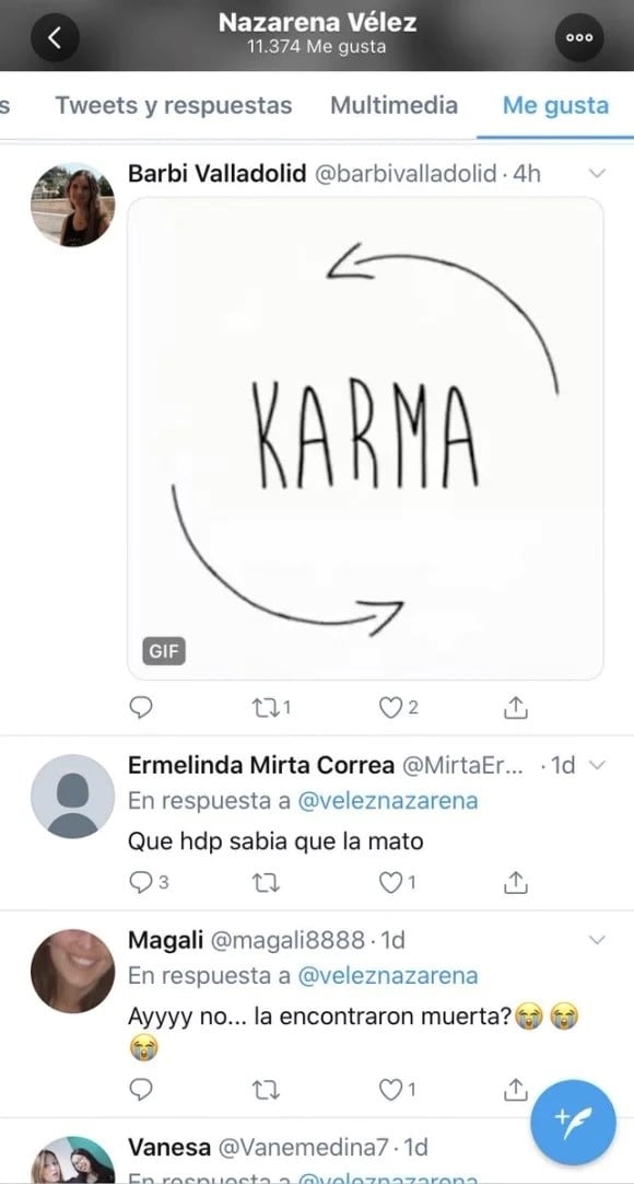 Captura del Me gusta que Nazarena dio en Twitter (Foto/Twitter)