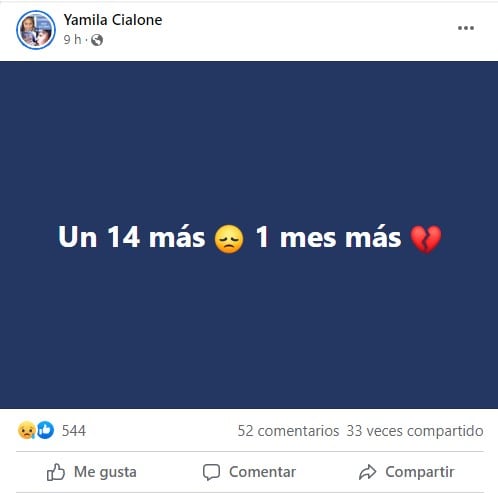 El posteo por los 10 meses de la desaparición de Guadalupe Lucero. Yamila Cialone.