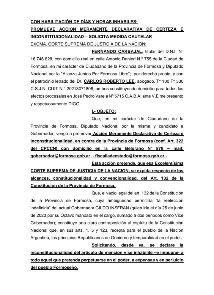 Fernando Carbajal presentó una impugnación contra Gildo Insfrán, quien iría por su octava reelección.