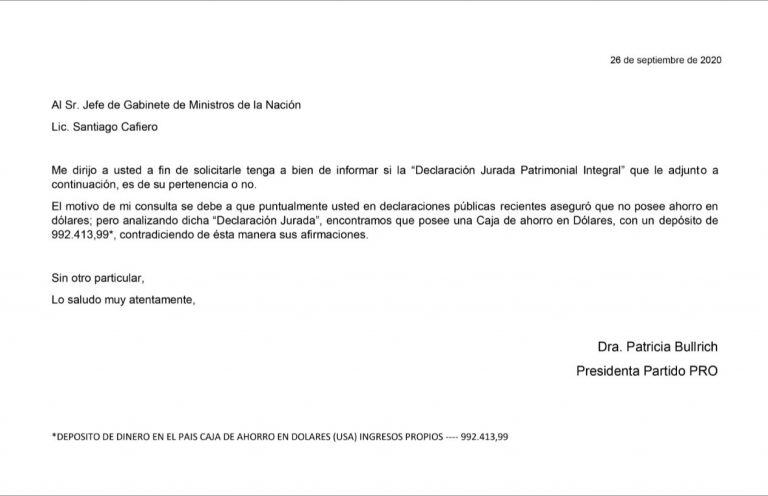 La nota al jefe de Gabinete que escribió Patricia Bullrich (Foto: Twitter)