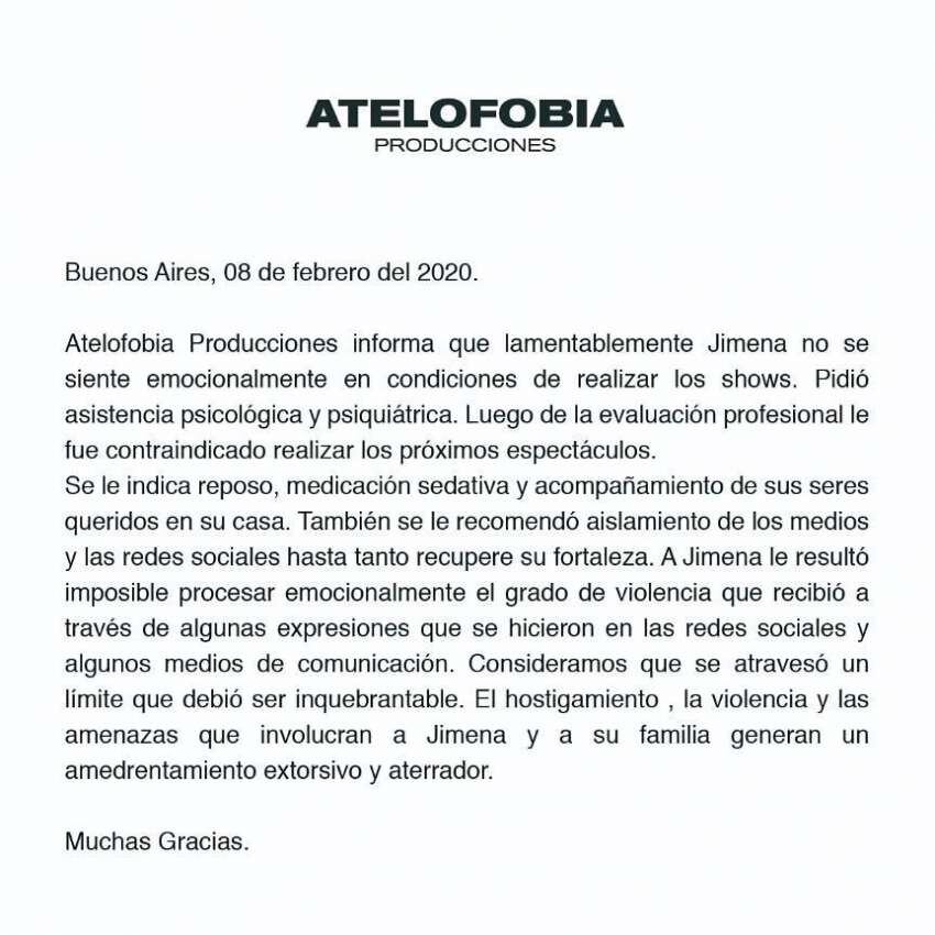 Jimena Barón canceló sus shows porque "no se siente emocionalmente en condiciones"