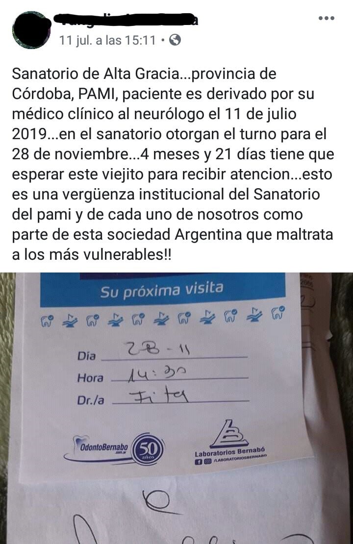 Denuncia de la demora de los turnos para los afiliados de PAMI, Alta Gracia.