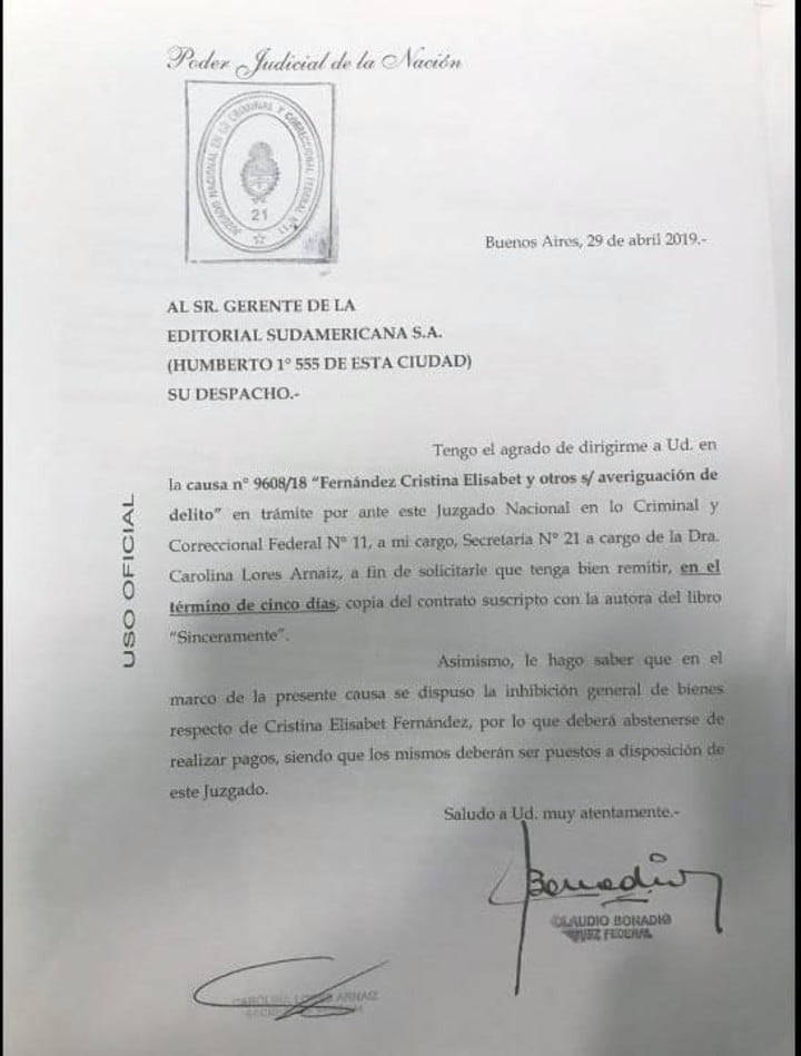 El escrito de Bonadío.