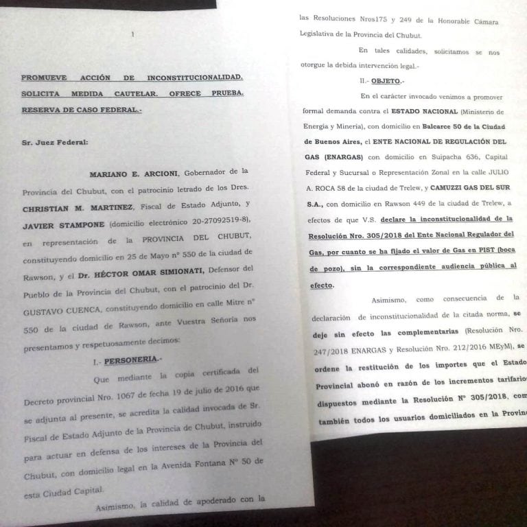 La presentación se hizo en la Justicia de Rawson.