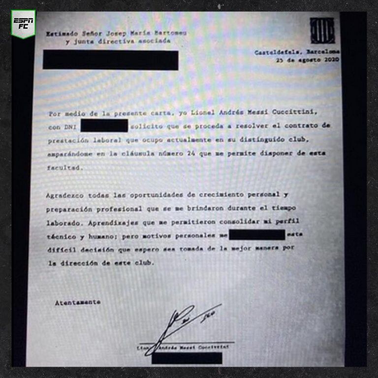 Este sería el burofax que envió Lionel Messi a Barcelona. (Foto: ESPN FC)