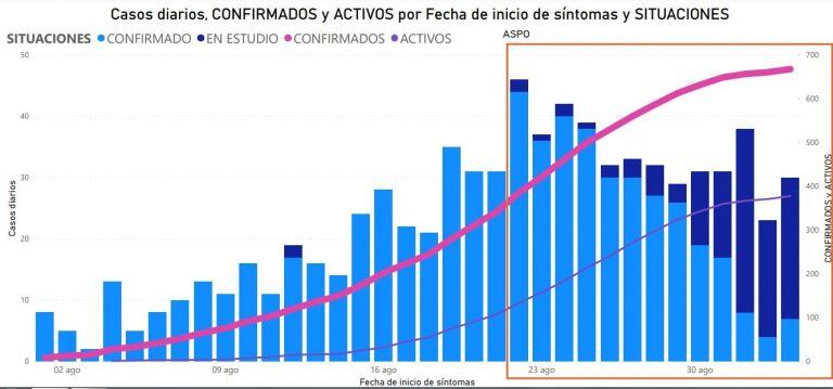 Casos diarios, CONFIRMADOS y ACTIVOS por Fecha de inicio de síntomas y SITUACIONES
Crédito: Salud MDG