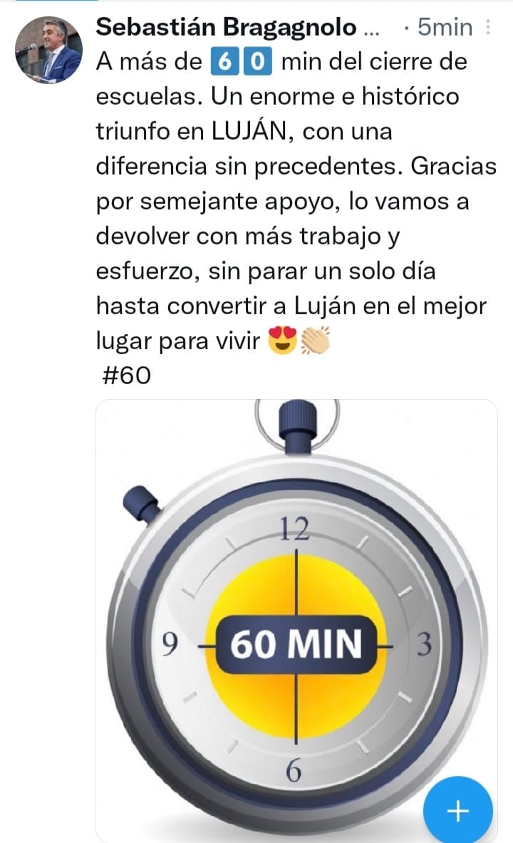 Sebastián Bragagnolo celebró con anticipación el triunfo de Cambia Mendoza en Twitter.