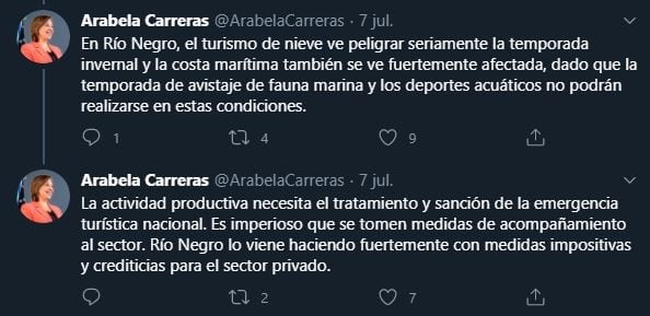 Arabela Carreras expresó su preocupación por el sector turístico en Río Negro (web).