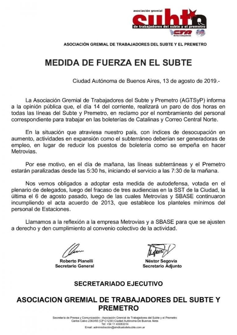 Comunicado de metrodelegados.