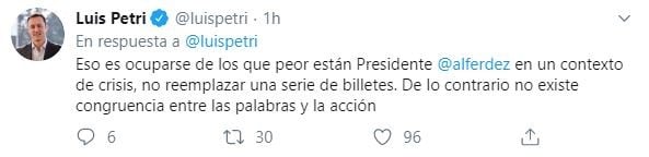 La solicitud del diputado Luis Petri. (Twitter)