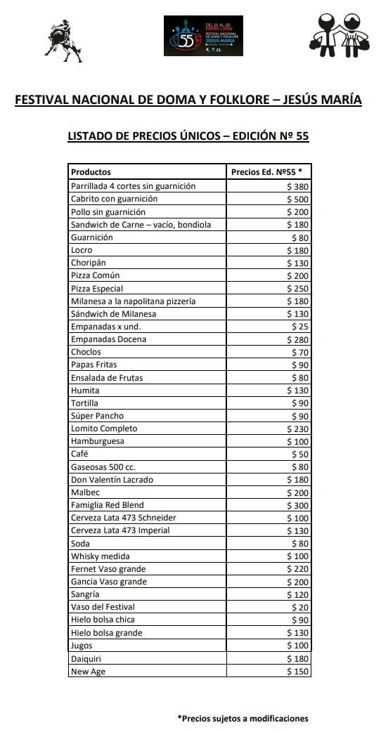 Lista de precios comida y bebida 2020 Festival (Prensa Festival)