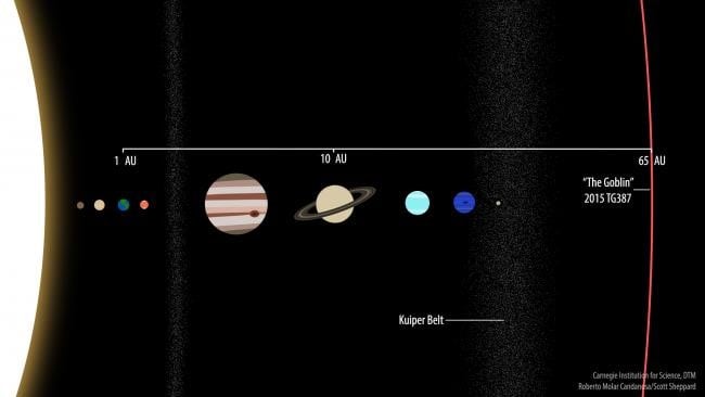 Una comparación 2015 TG387 a 65 UA con respecto a los otros planetas del Sistema Solar. Ilustración: Roberto Molar Candanosa y Scott Sheppard, cortesía de Carnegie Institution for Science.