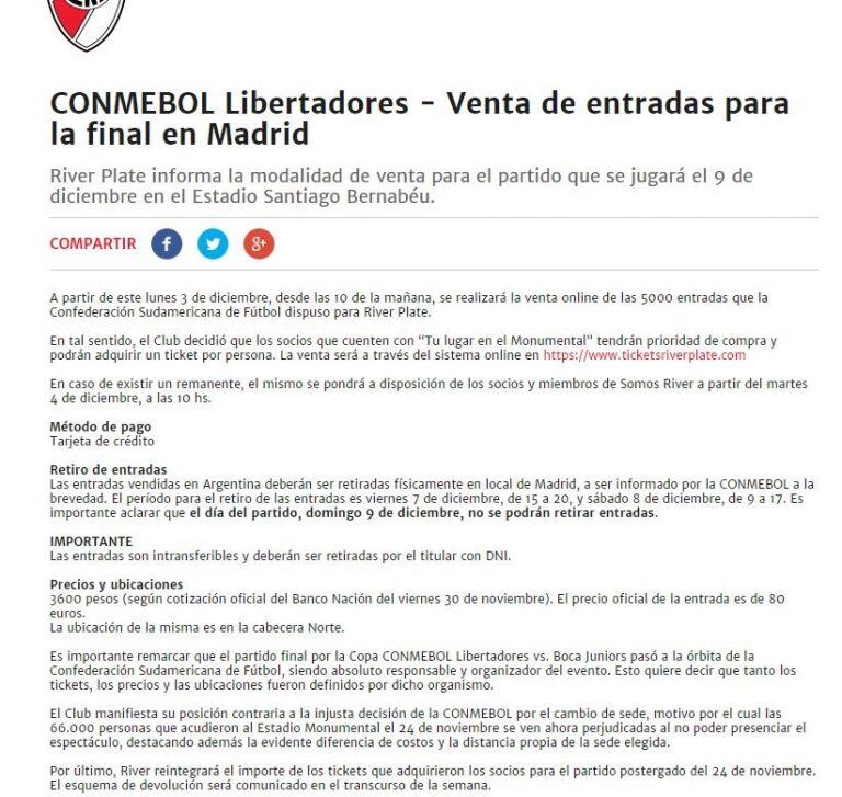 Superfinal: comenzó la venta de entradas para los hinchas de River en Argentina.