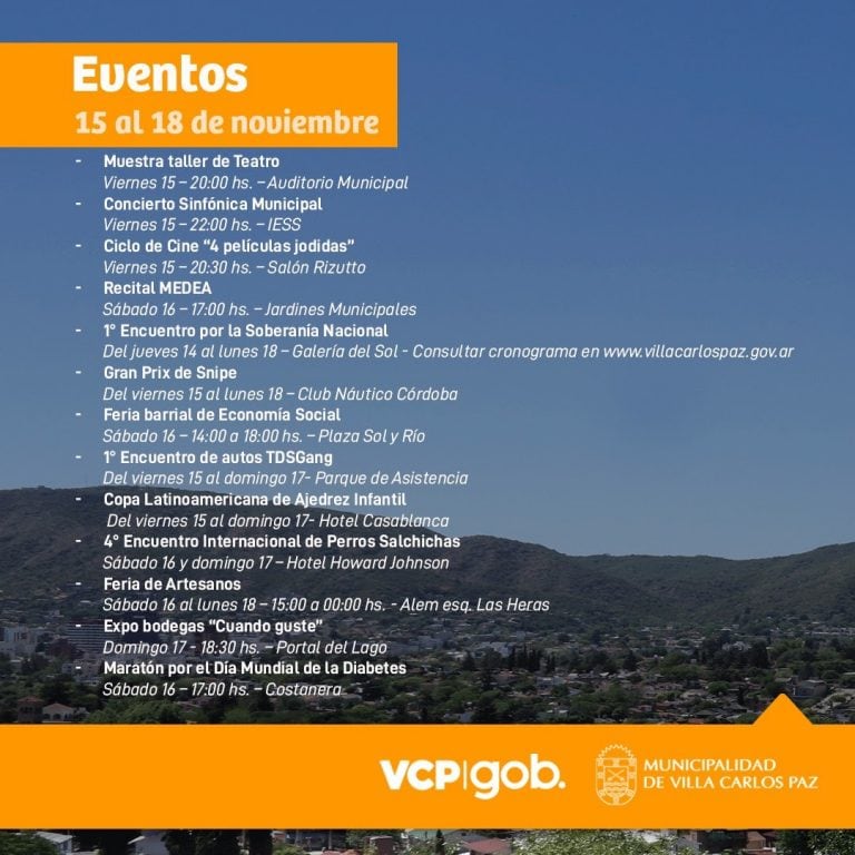 Grilla de actividades para este "finde largo" en Carlos Paz.