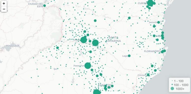 Los casos que se acumulan en Brasil sobre ciudades fronterizas con Misiones y los tres estados que rodean a la provincia por el este: Paraná, Santa Catarina y Rio Grande do Sul. (Ministerio da Saúde)