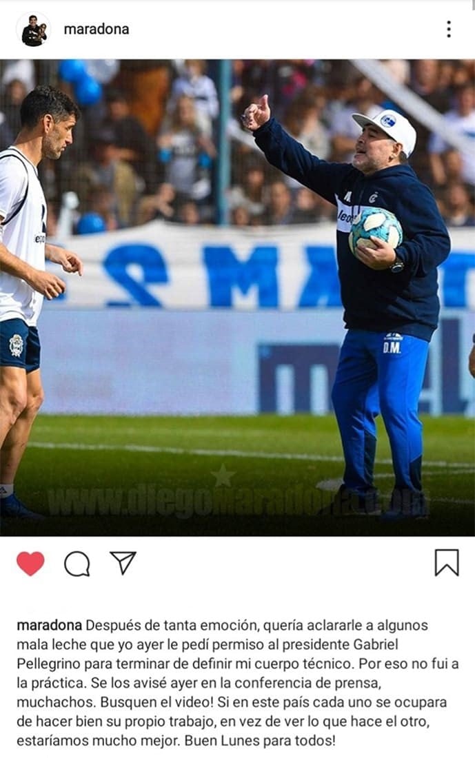 Publicación de Diego Maradona sobre su ausencia en la práctica de este lunes (Foto: captura).