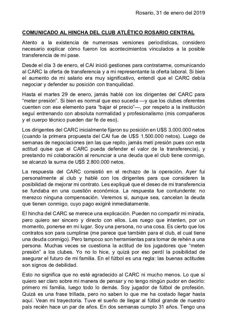 El comunicado de Zampedri tras la negociación frustrada.