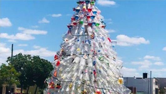 Vecinos de Gualeguaychú construyeron un árbol de navidad con material reciclado.