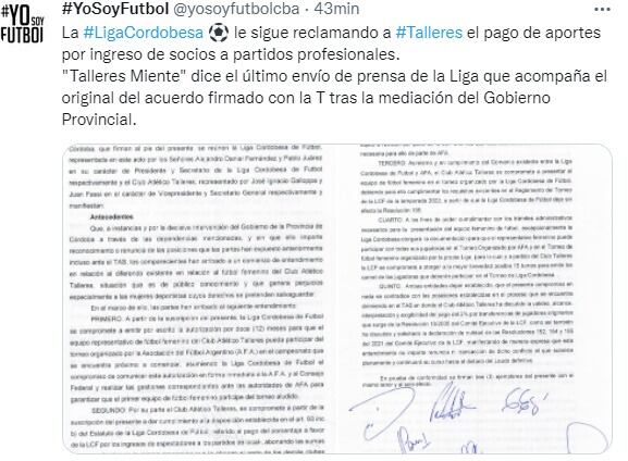 Una nueva arremetida de la Liga Cordobesa contra Talleres.