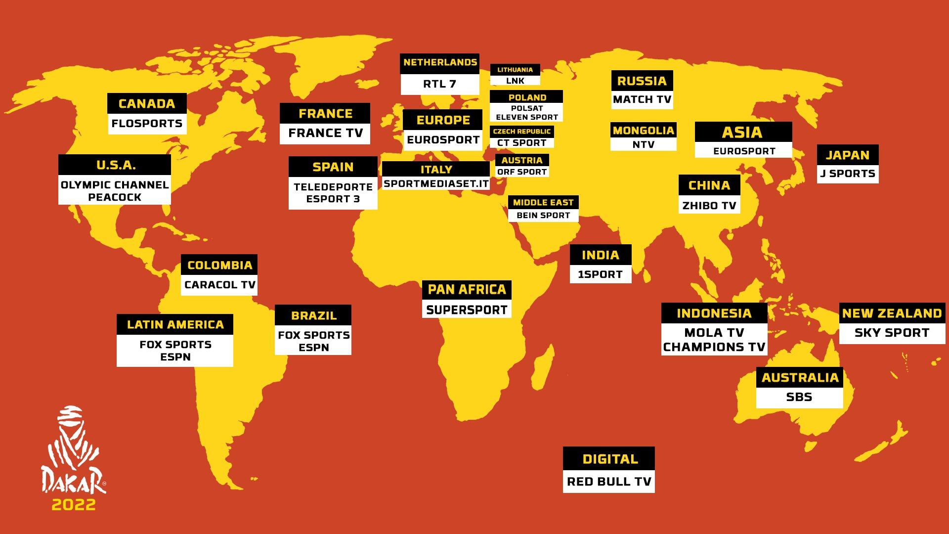 Esquema de cobertura televisiva mundial del Dakar 2022.