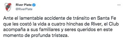 El mensaje de River sobre el accidente en Santa Fe.