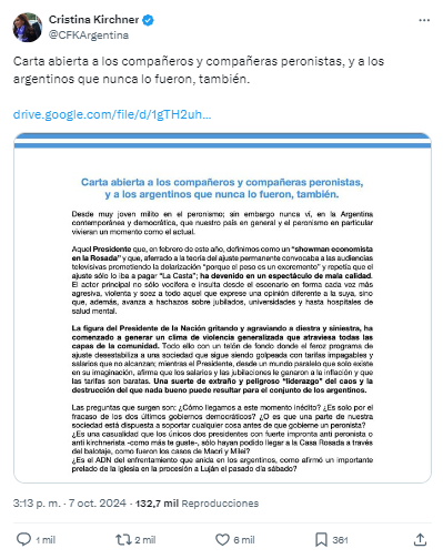 La carta de Cristina Fernández