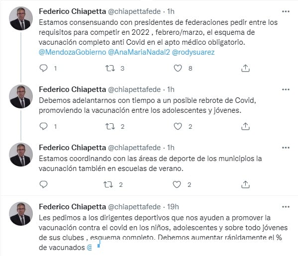 El Subsecretario de Deportes, Federico Chiapetta, anunció a través de twitter que están trabajando para que la vacunación contra el Covid-19 en Mendoza incluya en el apto médico obligatorio.