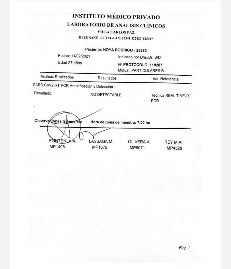 PCR "no detectable" del actor Rodrigo Noya.