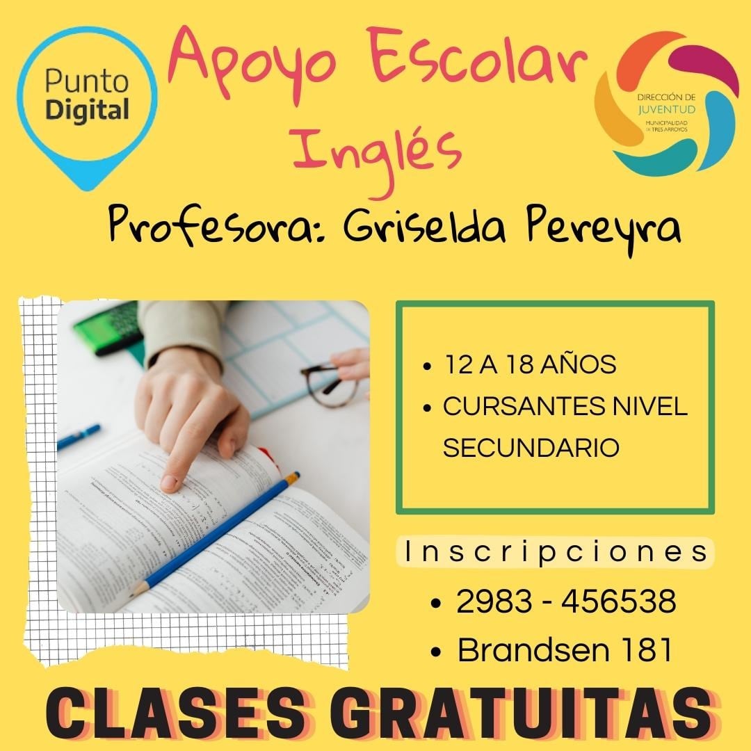 Clases gratuitas de apoyo escolar de inglés en la Dirección de Políticas para la Juventud de Tres Arroyos