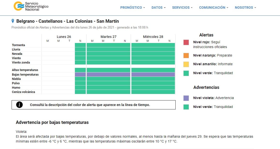 Alerta violeta para Rafaela y el resto del departamento Castellanos