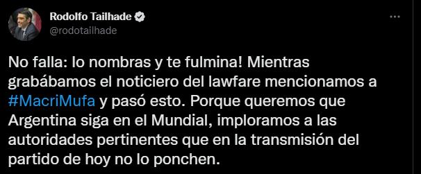 El tuit de Rodolfo Tailhade sobre Macri en el Mundial de Qatar 2022.