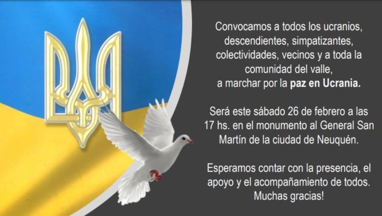 La comunidad ucraniana en Valle Alto en Neuquén convoca para este sábado a las 17 horas a una manifestación en la plaza San Martín.