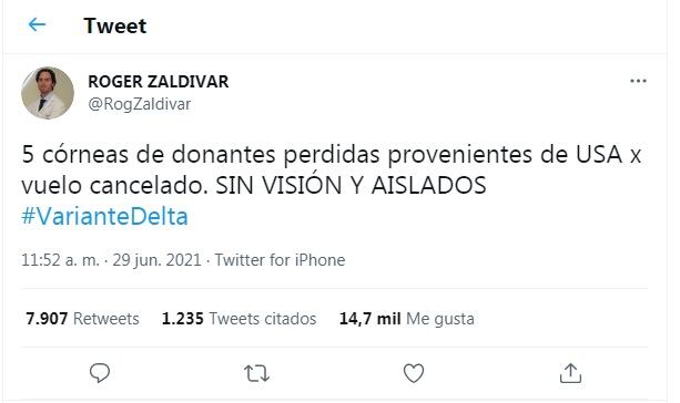 El Tweet en la que el oftalmólogo mendocino hizo su denuncia. Gentileza