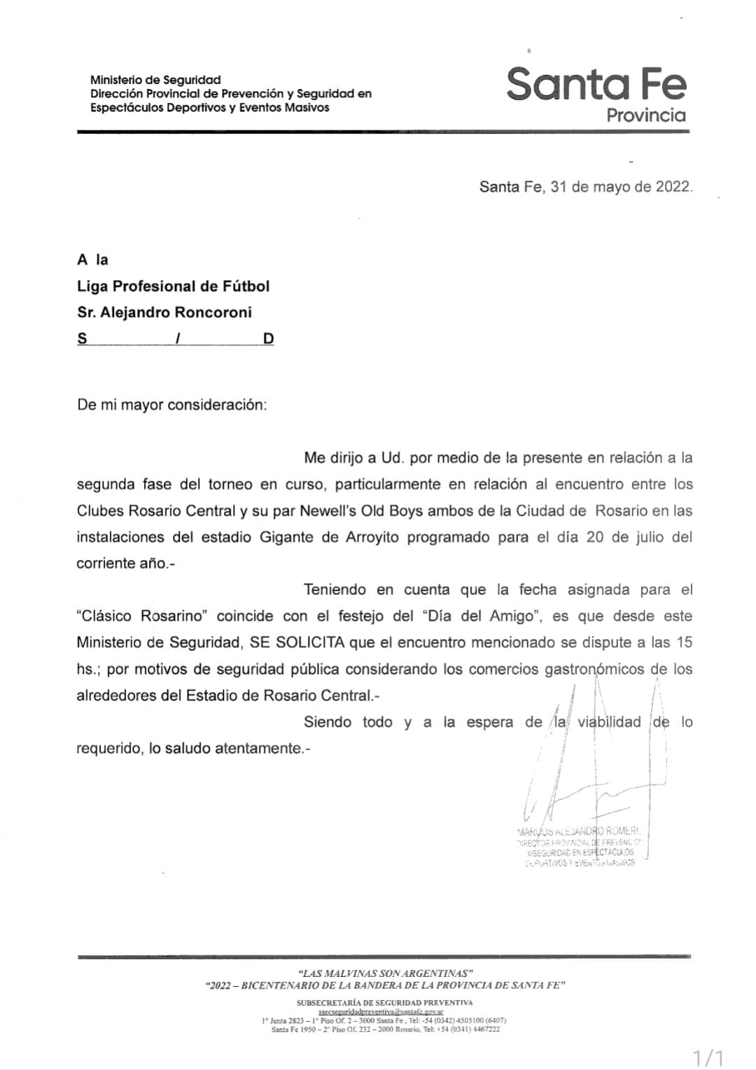 Pedido de la Provincia para que el Clásico rosarino se juegue temprano