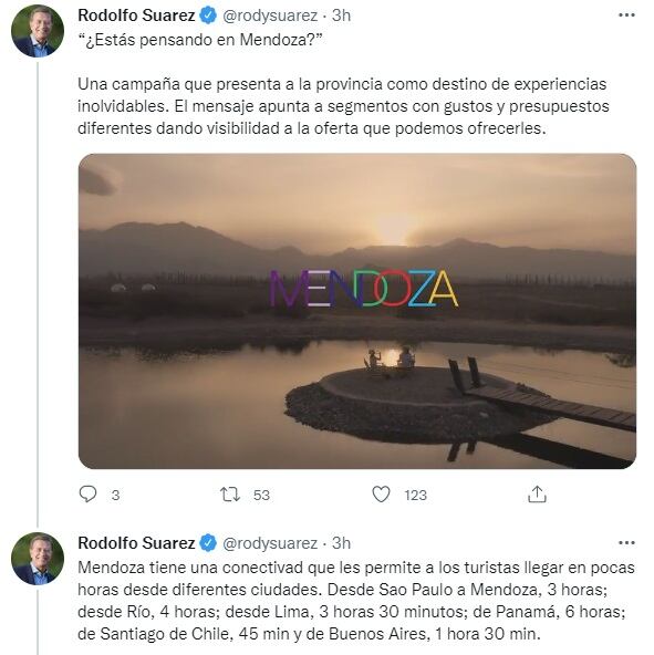 El gobernador Rodolfo Suarez publicó la campaña turística en su perfil de Twitter.