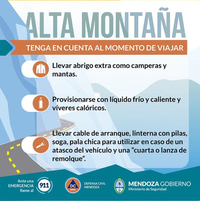 Nevadas en Alta Montaña: recomendaciones de Defensa Civil Mendoza.