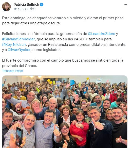 Patricia Bullrich festejó la victoria de Juntos por el Cambio en las PASO de Chaco.