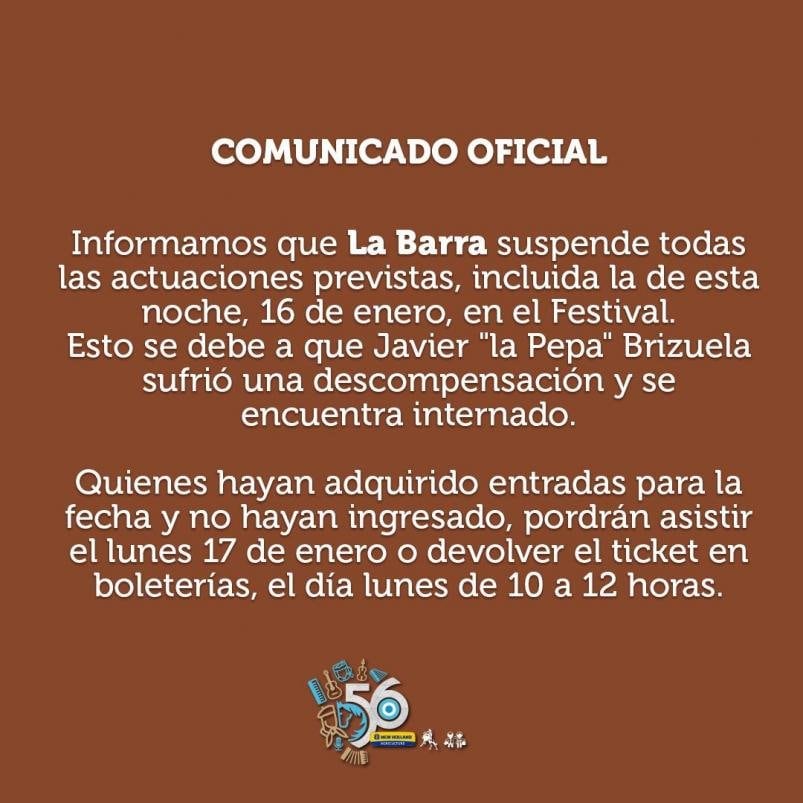 Así comunicó el Festival de Jesús María que La Barra no se presentaba.