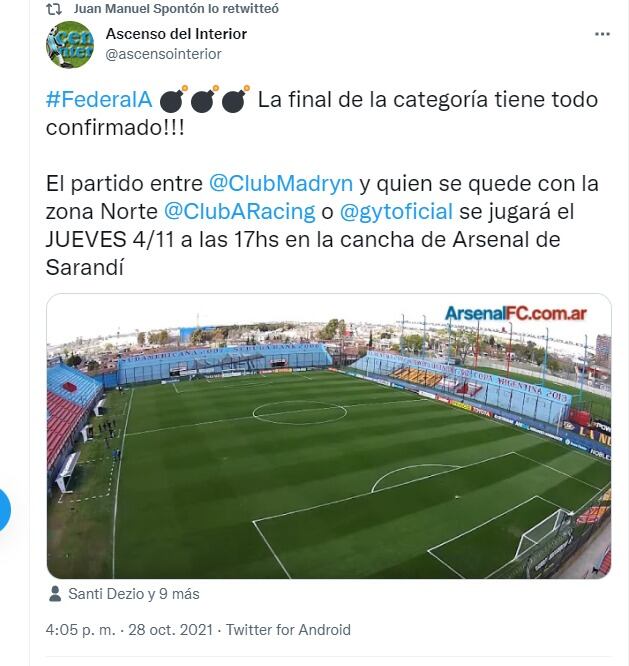 La cancha de Arsenal será escenario de la final el jueves 4/11. Y Racing quiere jugarla.