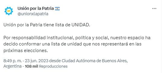 La decisión de Unión por la Patria en Twitter.